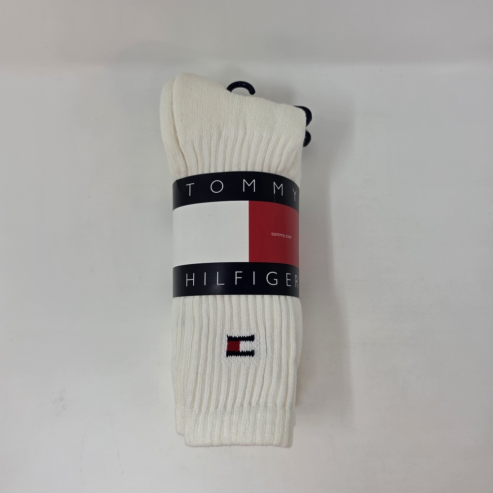 Vintage Tommy Hilfiger 3 Pair Cushion Men's Crew Socks White + Flag Logo